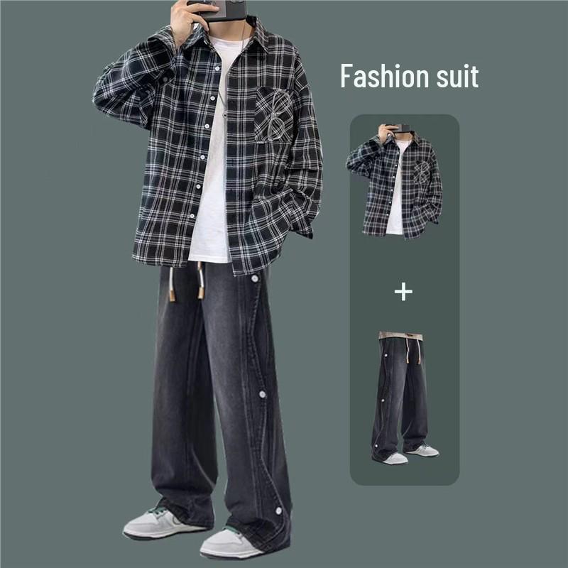 Men's Hong Kong Style Plaid Shirt Autumn Set - High-End Teen Cool & Handsome Outfit