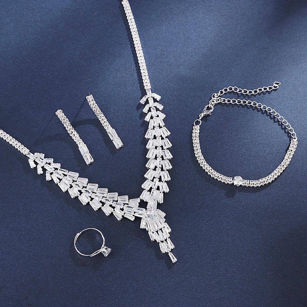 Super Fairy Zirconia Jewelry Set: Necklace, Silver Earrings, Bracelet & Ring - Simple Fashion