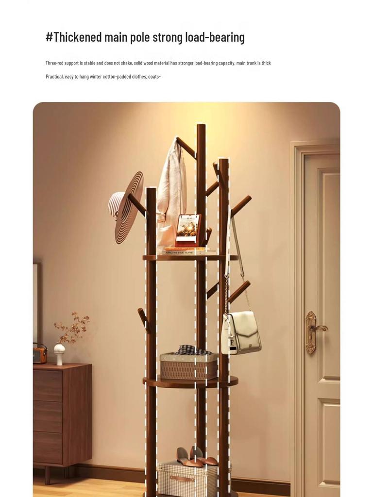 Solid Wood Rotating Floor Coat Rack - Vertical Clothes Hanger for Bedroom and Living Room