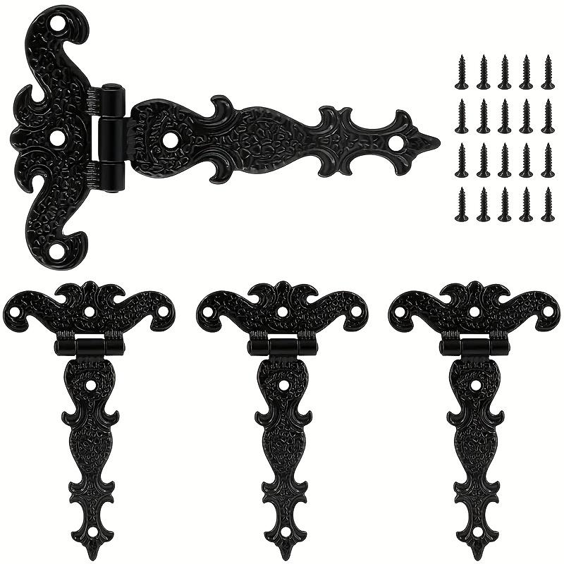 4pcs Heavy Duty T-Hinges - Vintage Black Decorative Metal Hinges for Barn Doors, Powder Coated, Screws Included, Easy Installation with Accessories