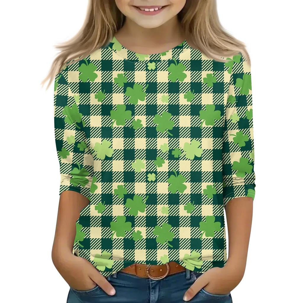 Bedruckte Oberteile für junge Mädchen von 5–16 Jahren, Rundhalsausschnitt, 3/4-Ärmel, T-Shirts, trendige Oberteile, Outfit-T-Shirts