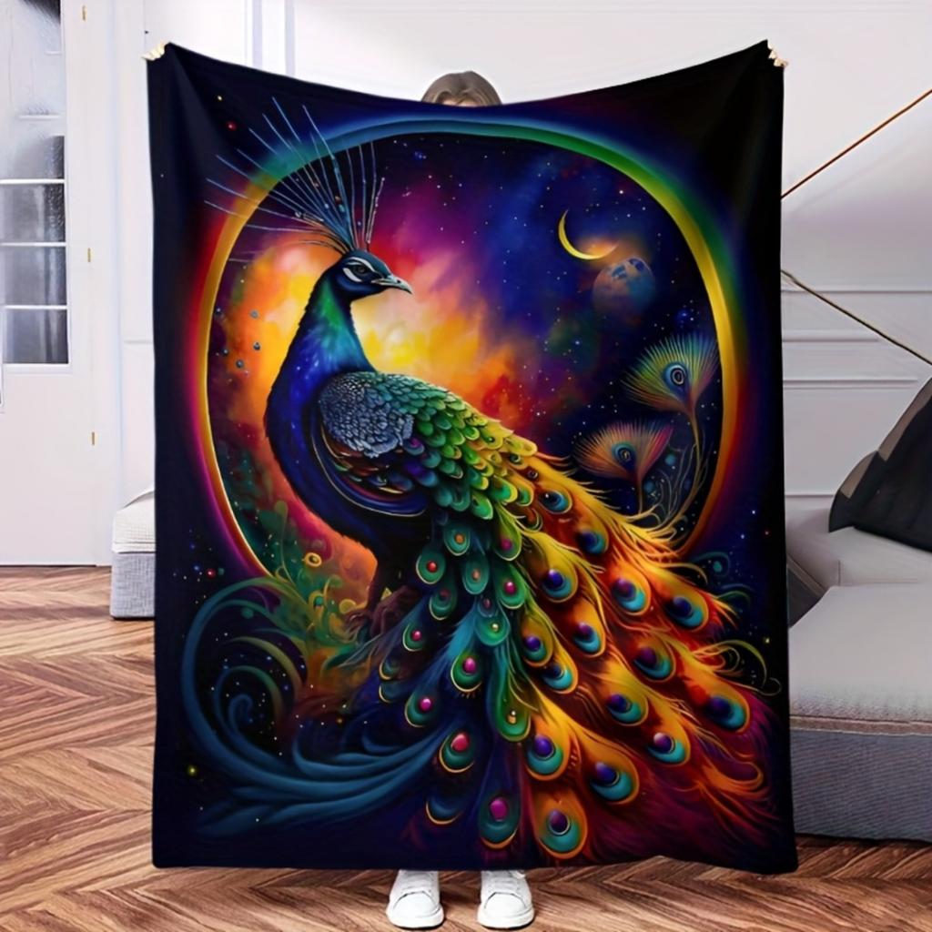 Dark Style Flannel Blanket Colorful Peacock Printed for Kids Bedroom Decoration Warm Soft Comfertable Blanket for Sofa Chair