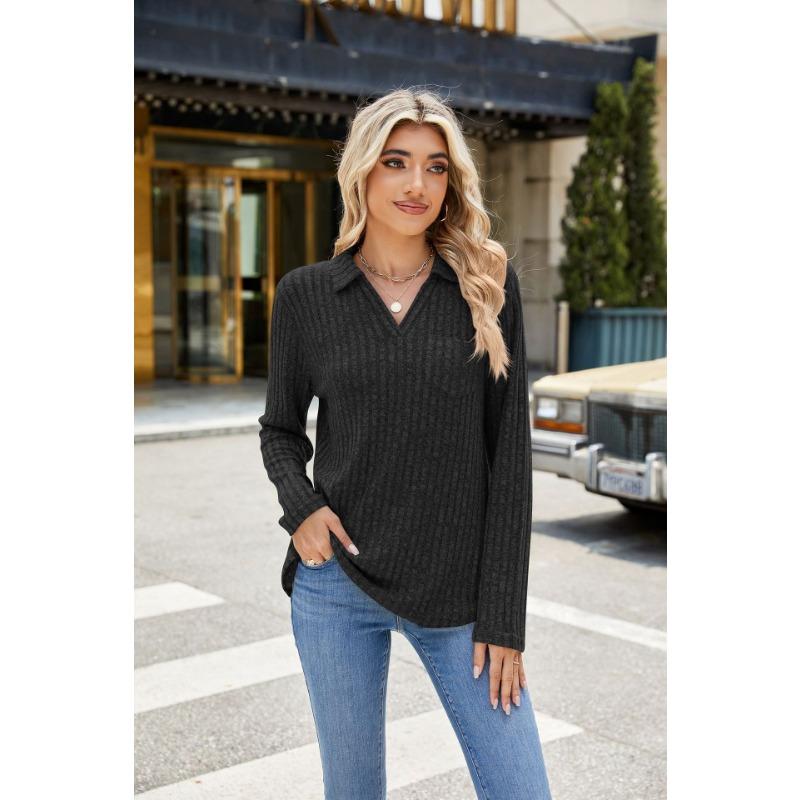 YYFS Women's Fashion Casual Spring Fall Solid Color Print Long Sleeve POLO Neck Blouses & Shirts