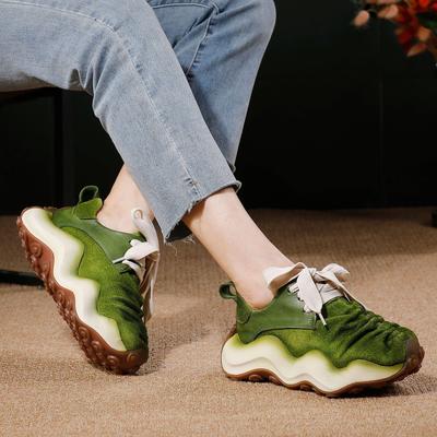 2025 Autumn Women's Trendy Cowhide Sporty Lace-up Sneakers – Breathable, Thick Sole, Casual Design for All Seasons