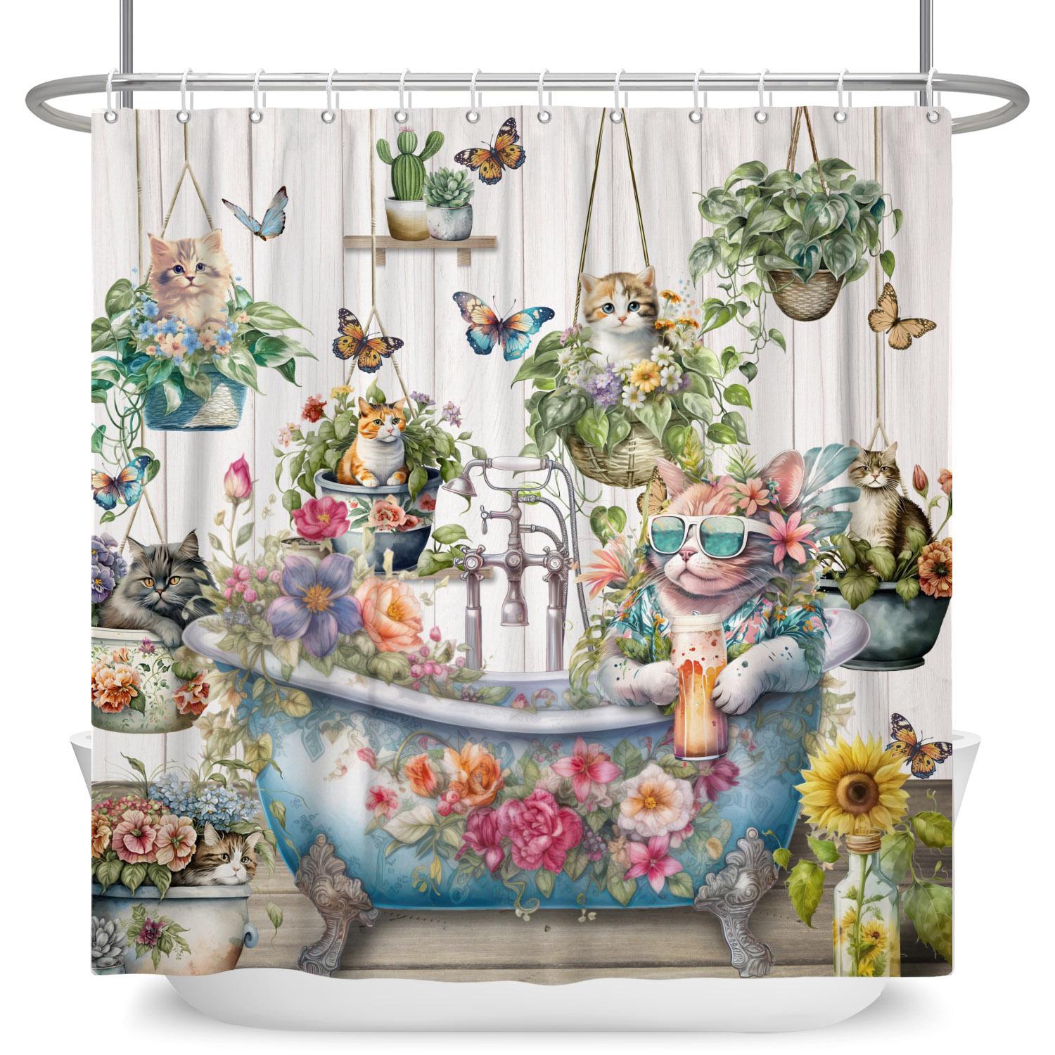 

Funny Bath Cat Shower Curtain Kids Bathroom Decoration Home Bathtub Privacy Partition Hanging Waterproof Polyester Material W60H190(CM)-1 Pcs
