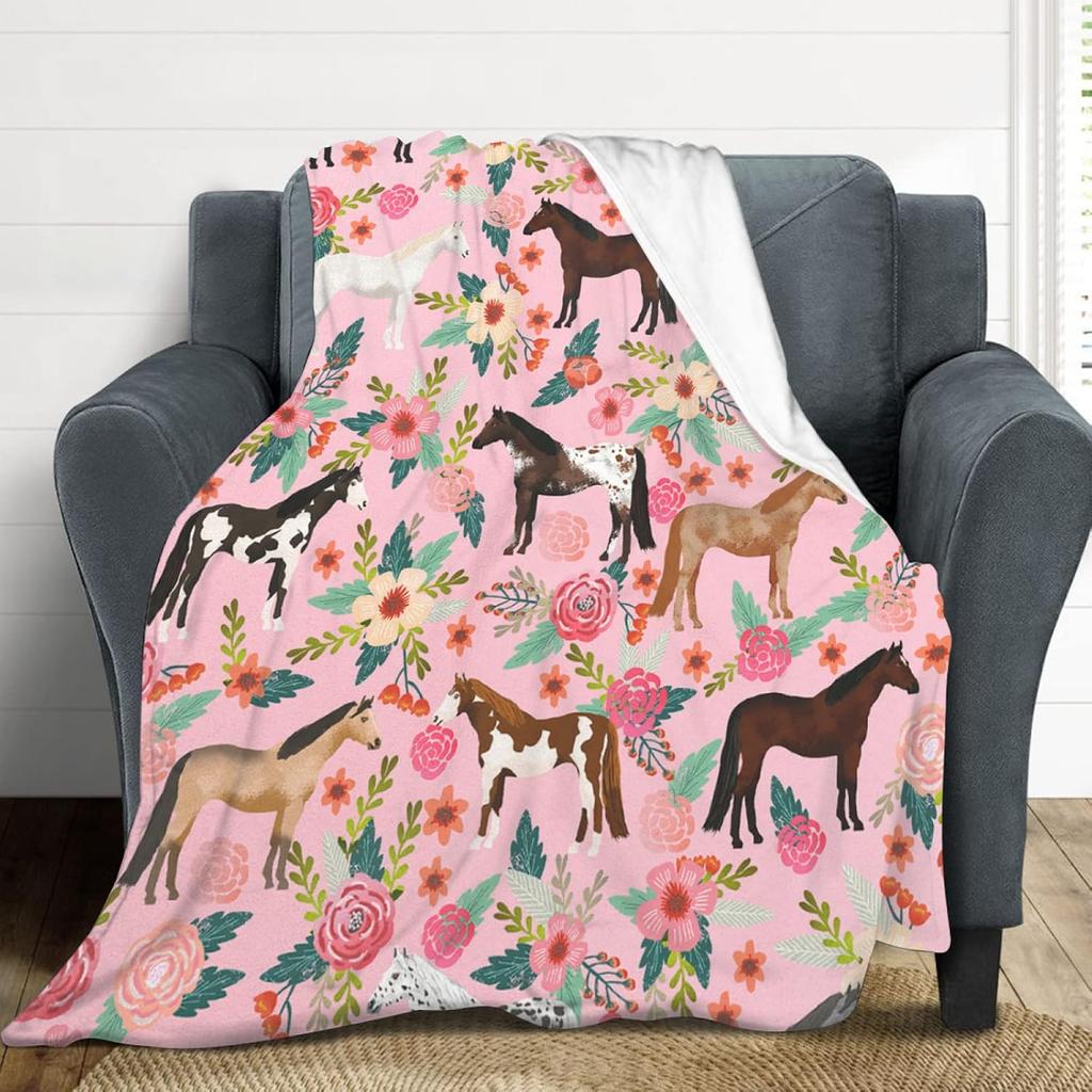 Horse Petal Flannel Throw Blanket Wild Animals Blanket Super Soft Warm Lightweight for Living Room Travel Sofa Couch Bed Blanket
