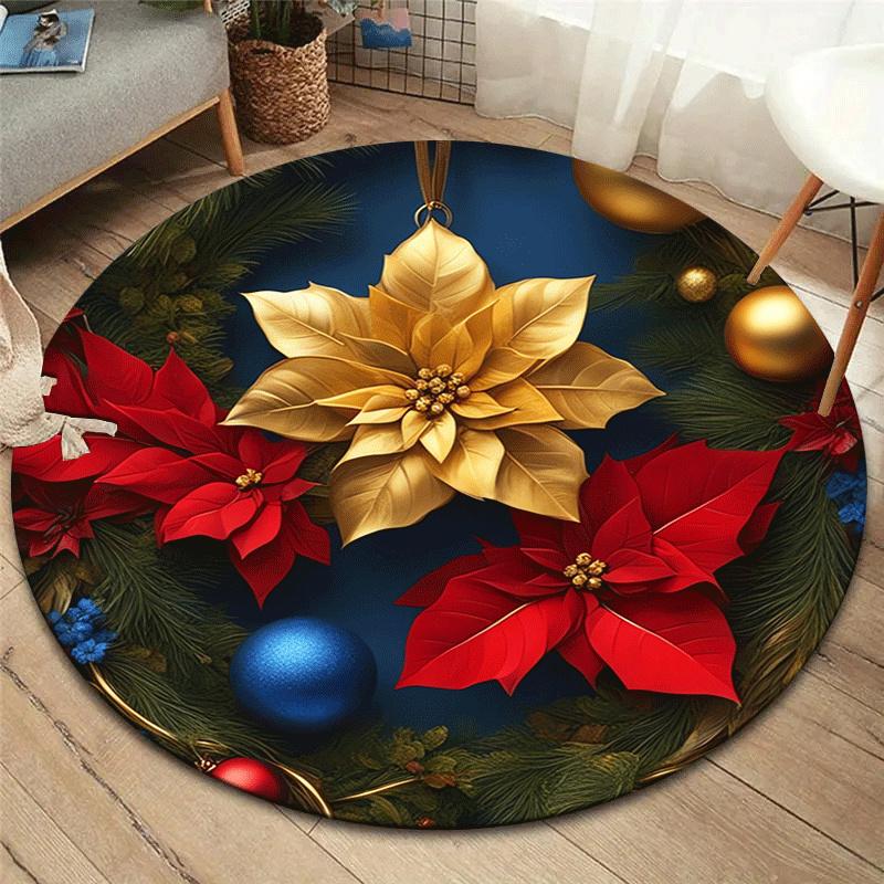 

1pc Soft, Absorbent & Non-Slip Christmas Flower Poinsettia Round Rug, Perfect for Entryway, Living Room, Bedroom Decor, Machine Washable Fla 80cm by 80cm