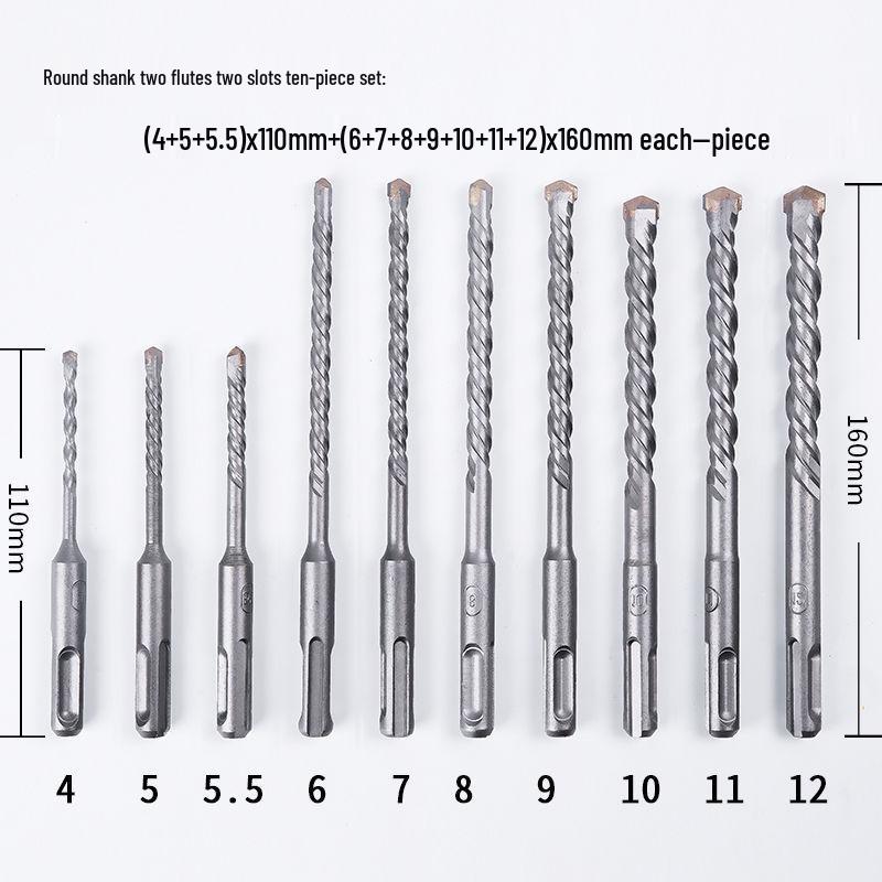 10-Piece Electric Hammer Drill Bit Set, Square & Round Shank (Sizes 4-14)