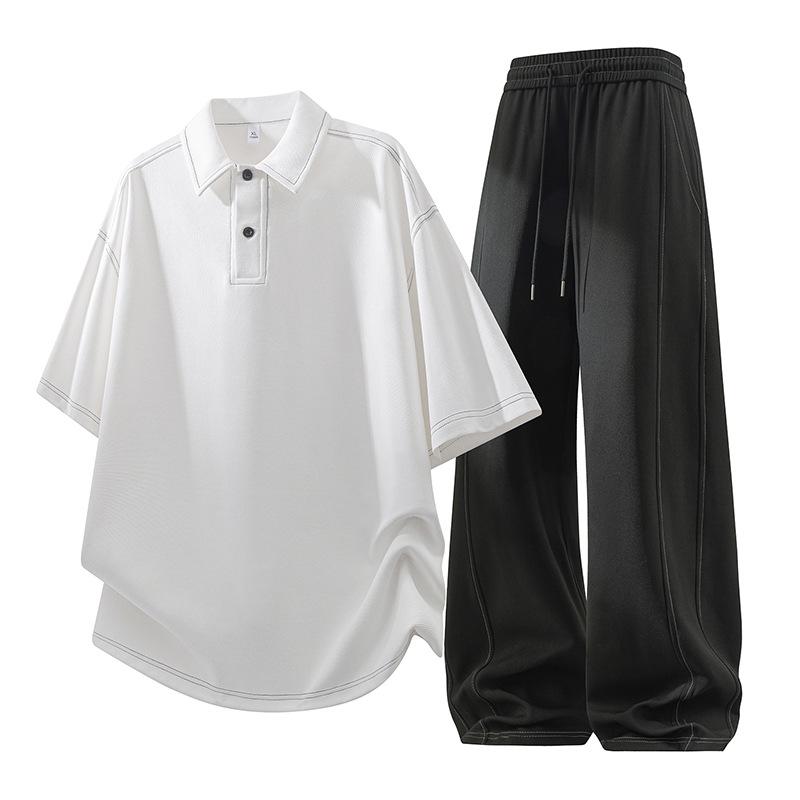 Men's Trendy Plus Size Polo Shirt & Long Pants Two-Piece Set - Casual & Versatile Short Sleeve Tee Sports Outfit