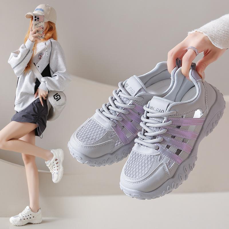 Leather mesh breathable dad shoes 2025 summer new women's shoes thick-soled hole hollow casual sports shoes