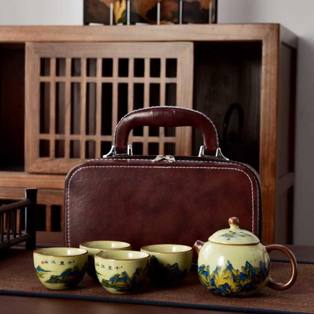 Ru Kiln Travel Tea Set One Pot Four Cups Retro Kung Fu Tea Set Ceramic Teapot Tea Cup Portable Outdoor Teaware Sets Leather Bag