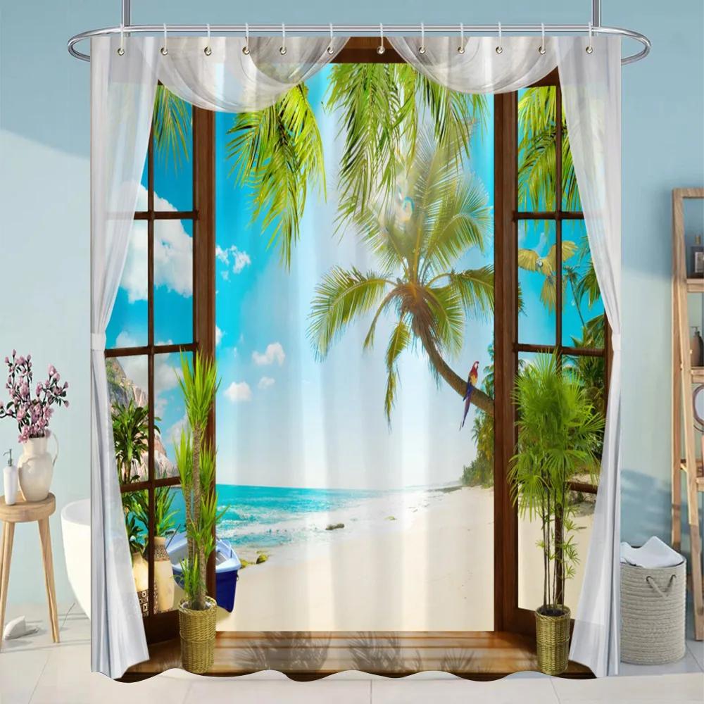 Simulation Window Beach Forest Outdoor Shower Curtain Tropical Seaside Landscape Bohemian Cloth Hanging Curtains Bathroom Decor