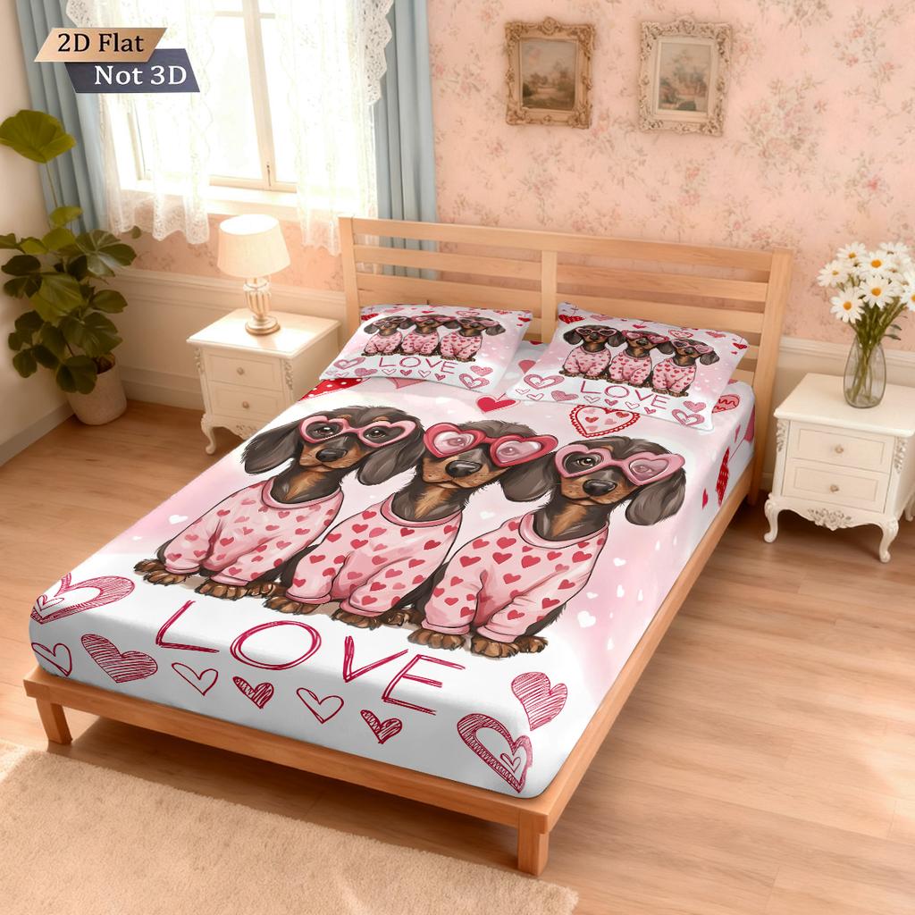 3pcs Valentine's Day Romantic Sausage Dog Love Print Coreless Fitted Sheet Set Multi Size Bedroom Bedcover Decoration