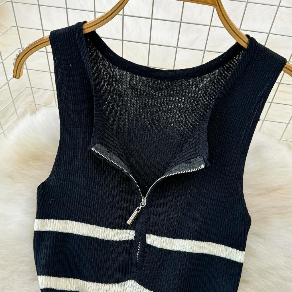 Summer Women Sleeveless Tank Knitted Striped Sweater Zipper Pullover Dresses