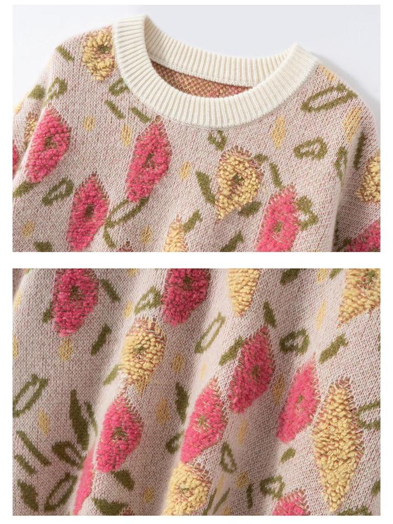 Cashmere Peach Blossom Jacquard Heavy Brushed Sweater, Round Neck, Loose Fit, Thick Wool.