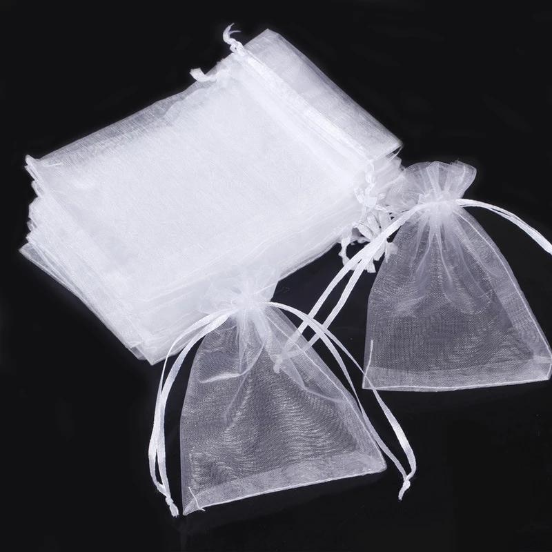 100PCS White Organza Bags Mesh Organza Jewelry Bags Drawstring, Small Drawstring Favor Pouches Christmas Candy Wedding Birthday