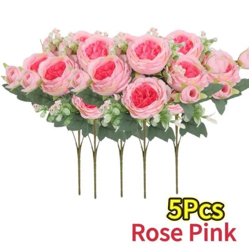 Hot Selling 30cm Rose Pink Silk Bouquet Peony Artificial Flower 5 Big Head 4 Small Bud Bride Wedding Home Party Decorations