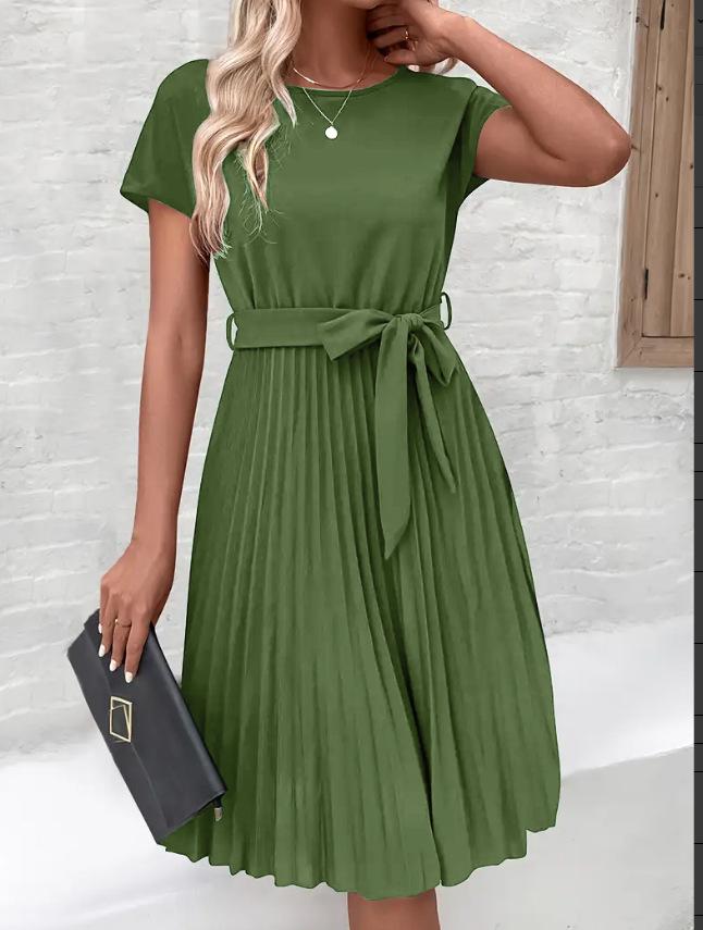 Vestido Feminino Europeu e Americano de Verão 2025 com Renda de Amarrar Plissado - Cor Sólida.