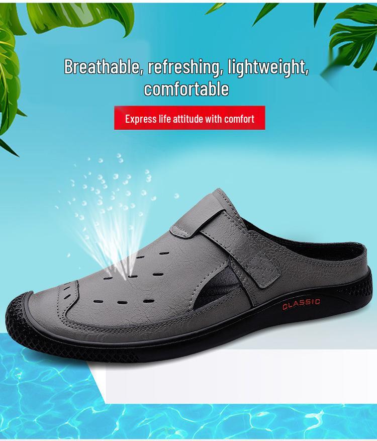 Men's Plus Size Breathable Cowhide Backless Slippers: Summer Hollow Design