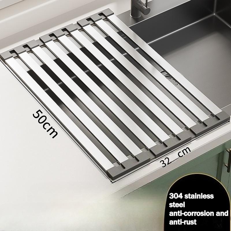Tri-Fold 304 Stainless Steel Kitchen Sink Rack-Rustproof, Rolling Curtain For Drying Dishes Sner Kitchen Dish Rack Drainage Rack