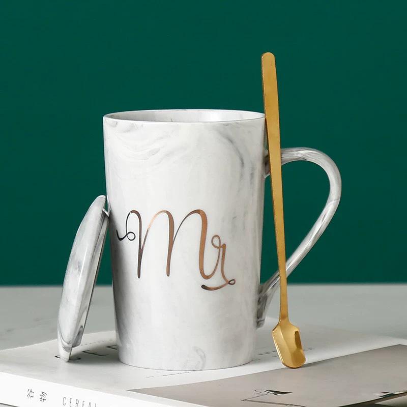 Nordic Ceramic Couple Mug with Lid and Spoon - Stone Pattern Gift Cup for Company Events