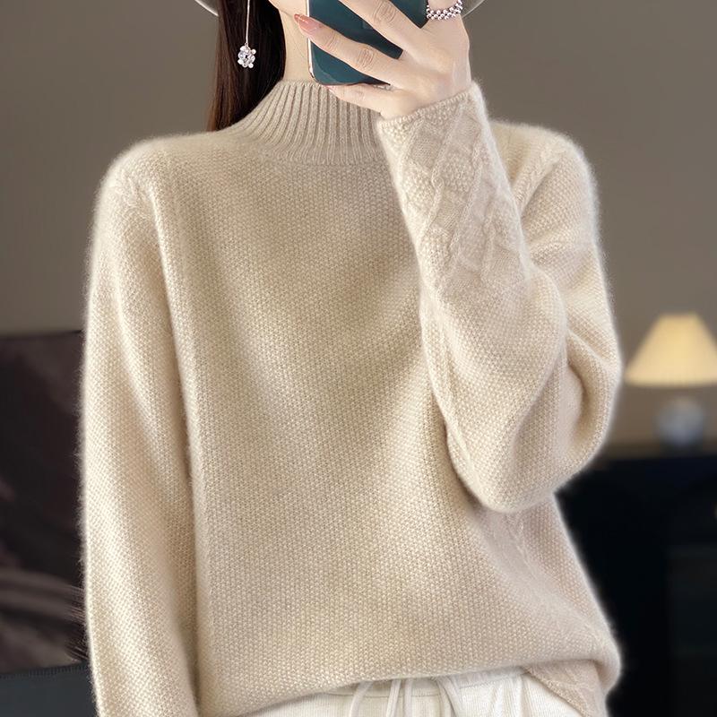 Women's Pure Wool Half-High Collar Sweater, Loose Fit, Cashmere Base Layer, Retro Jacquard Knit Pullover