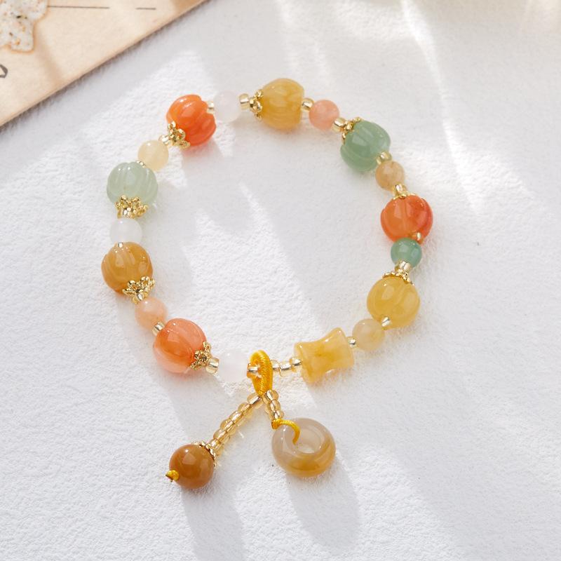 Temple Natural Xinjiang Pumpkin Bead Bracelet for Couples, Vintage Ethnic Style Pixiu Gourd Pumpkin Gold Silk Jade Bracelet