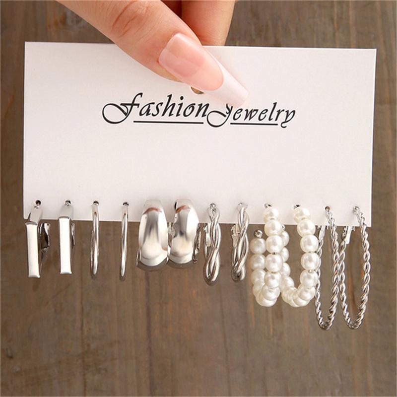 Pearl Silver Color Hoop Earrings Sets For Woman Trendy Butterfly Acrylic Hollow Twist Geometric Dangle Earrings Jewelry Gifts