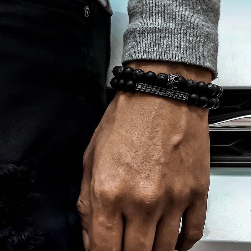 Matte Black Cubic Zirconia Ball & UFO Pendant Braided Bracelet Set