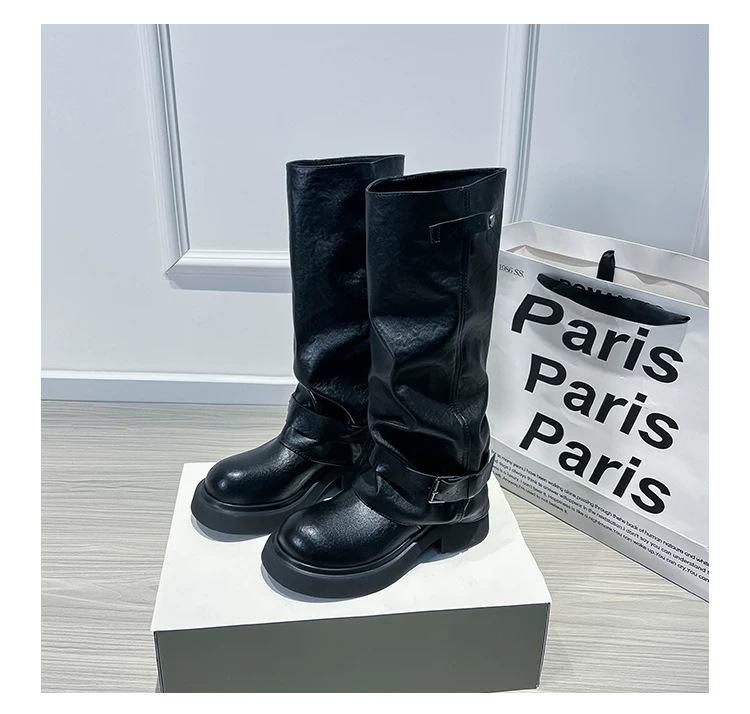 

2025 популярные брюки на толстой подошве, ботинки, нишевый дизайн, пряжка ремня, ботинки-сигареты с круглым носком, плиссированные высокие ботфорты, женские 37 чёрный