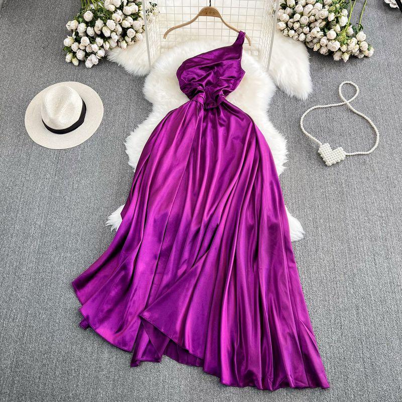 

Off-the-Shoulder Party Ladies Elegant Diagonal Collar Suspender Dress Purple M