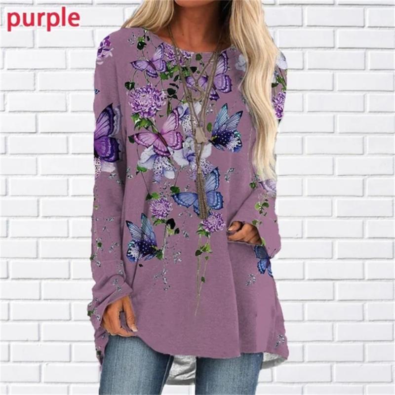 Floral 3d Print T-shirts Women Fashion T-shirt Long Sleeve Tops Tees Summer Long Tops Ladies Camisetas Butterfly Tshirt Girl