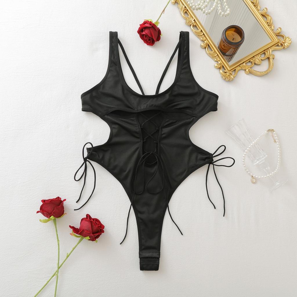 Seductive Lingeries Femme Ultra Sensual Open Crotch Lace Up Bodysuit Sexy Girls Tie Straps Hollow Breast Onepiece Intimates
