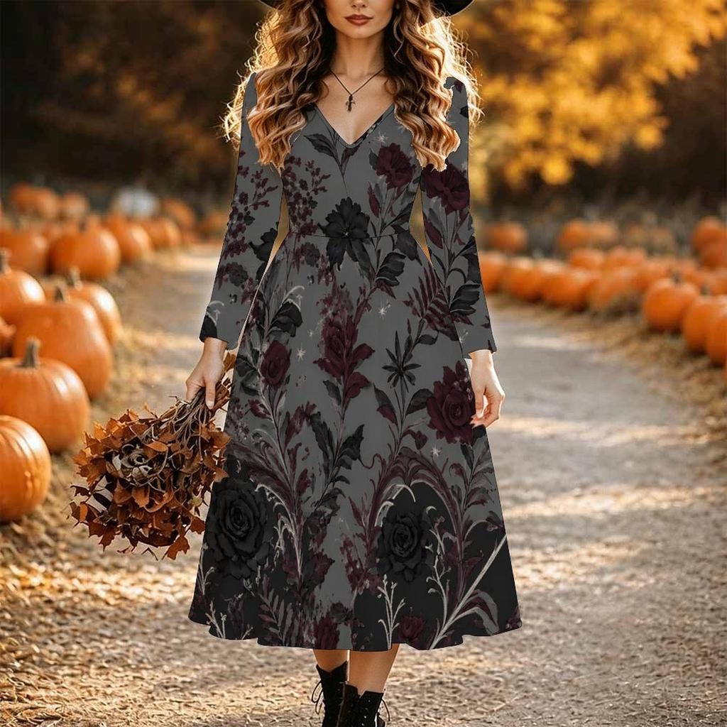Halloween Women's Galaxy Tie-dye Print Midi Dress A Line Dress Vacation Casual Daily Regular Fit Long Sleeve V Neck Black Spring Fall