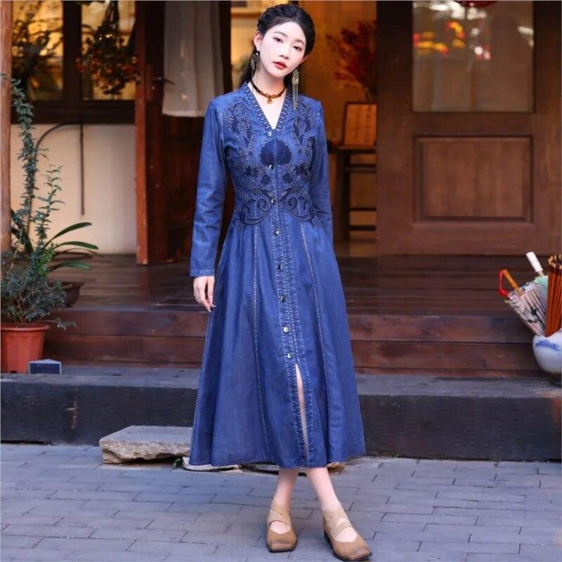 Johnature Woman Spring Chinese Style Long Sleeves Vintage Single Breasted Dress Cotton Embroidery V-Neck Dress