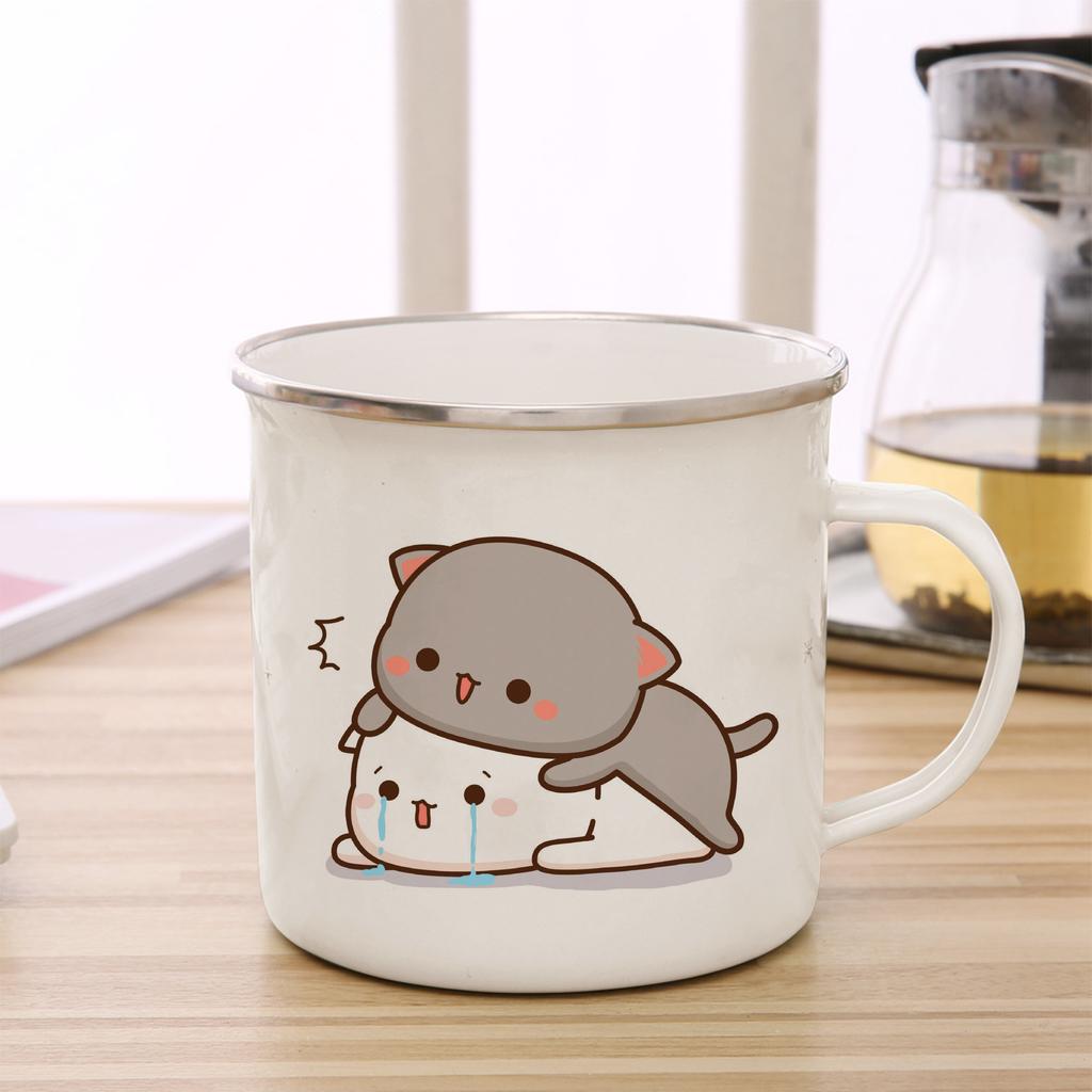 Peach and Goma Cat Enamel Coffee Tea Cup Cute Animal Breakfast Dessert Milk Water Cup Couple Gift