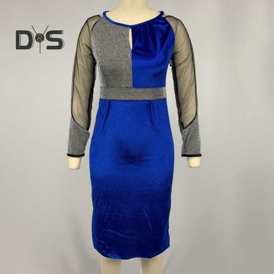 Formelles Damen-Partykleid, Bankettkleid, farblich abgestimmt, glänzende Pailletten, lange Ärmel, Rundhalsausschnitt, Netzstoff, Patchwork, hohe Taille, schmale Passform, Frühlings-Herbst-Abend