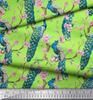 Soimoi Black Poly Crepe Fabric Pink Flower|Branch & Peacock Bird Print Fabric by the Yard 42 Inch
