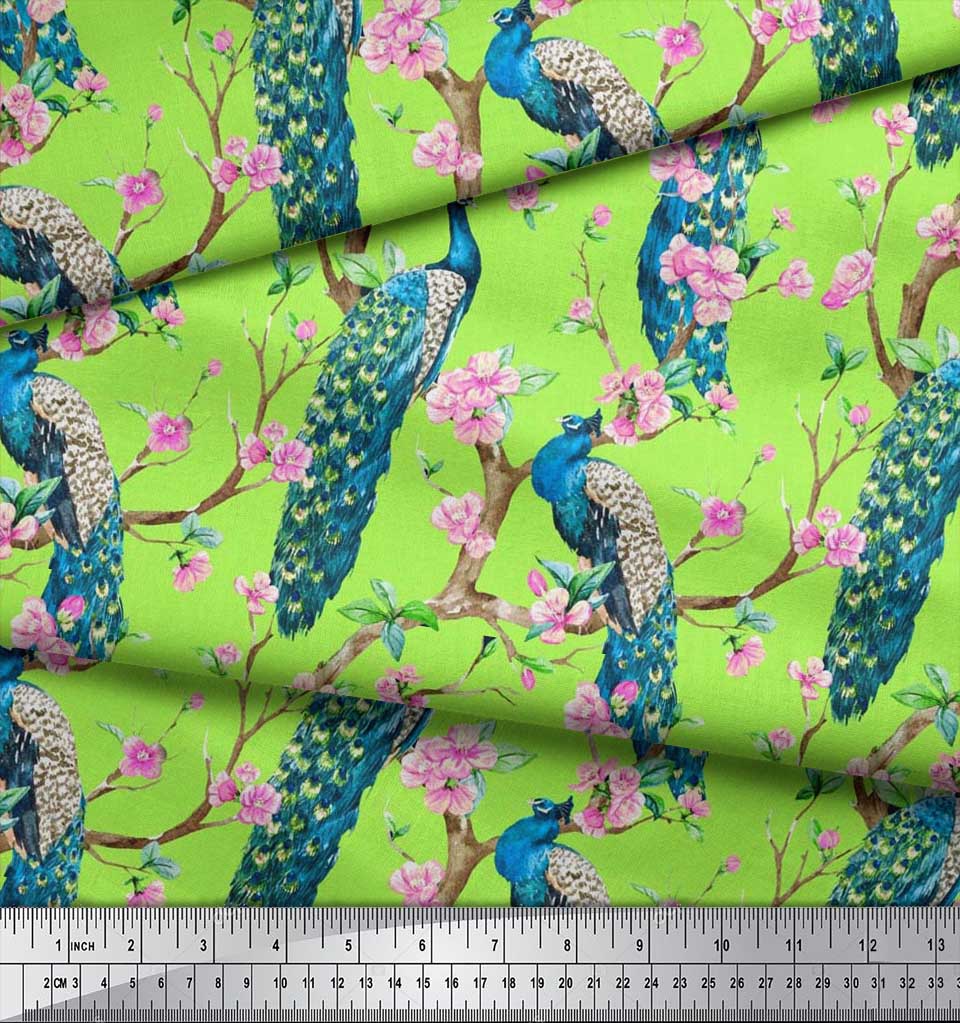 Soimoi Black Poly Crepe Fabric Pink Flower|Branch & Peacock Bird Print Fabric by the Yard 42 Inch