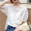 Women's Clothing Commute Single-breasted Shirt Solid Color All-match Elegant V-Neck Stylish Hollow Out Summer Loose Blouse 2023