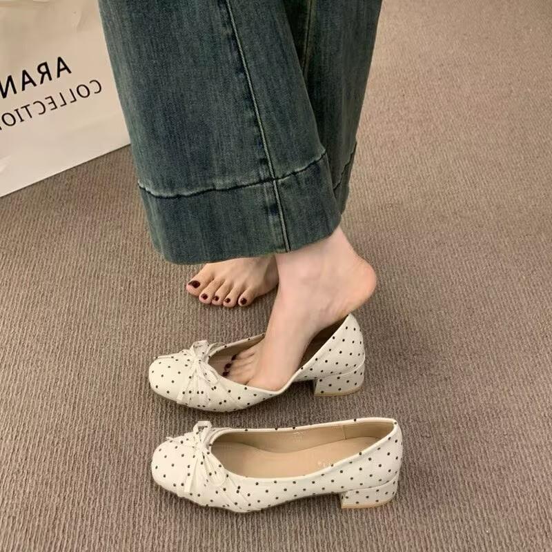 French polka dot bow thick heel single shoes women's summer new light mouth square head small leather shoes