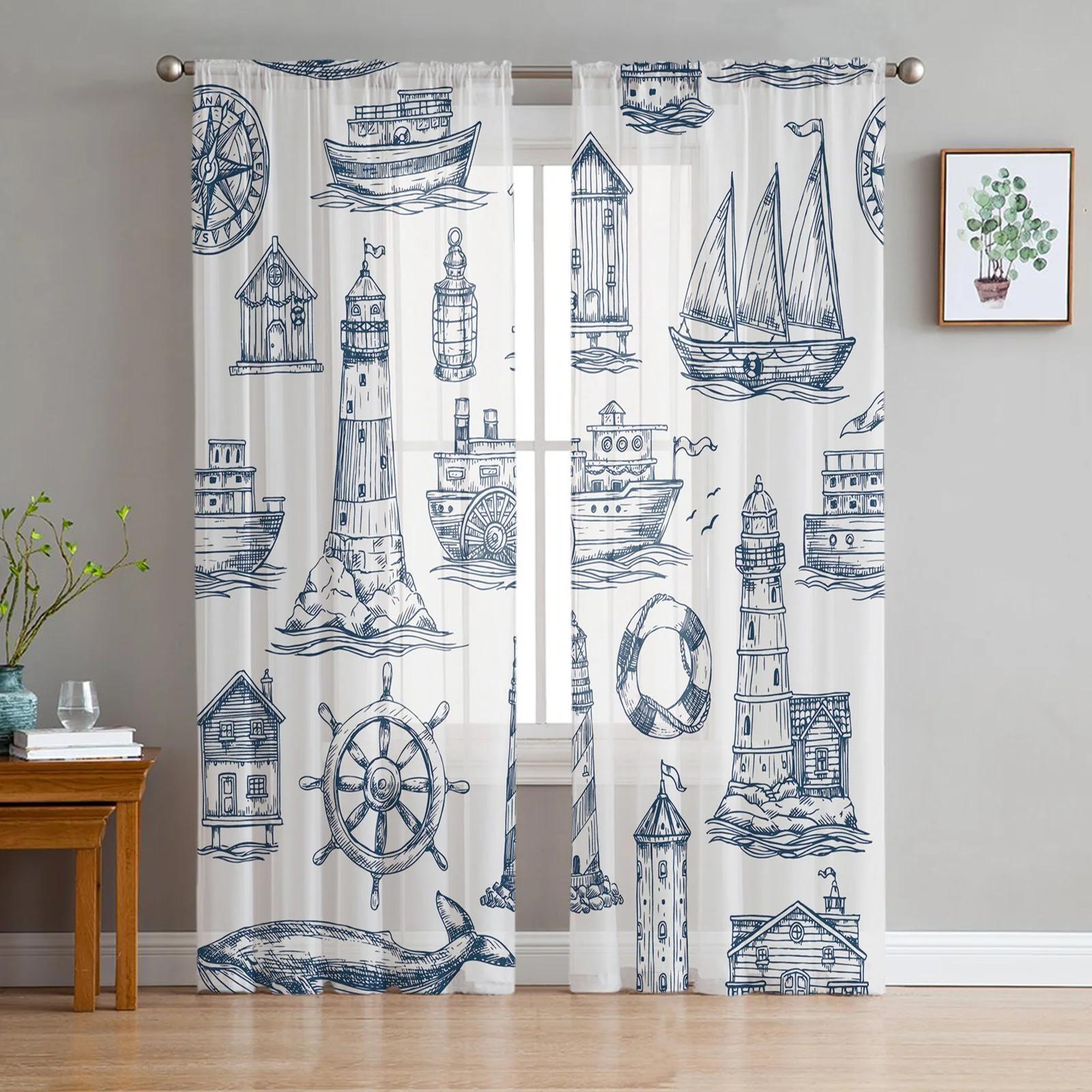 

Sheer Watercolour Lighthouse Big Surf Seabird Curtains Living Room Bedroom Decoration Window Voiles Morning Tulle Curtain Polyester Washable Great W100*H130(CM)-Grommet top&2PCS
