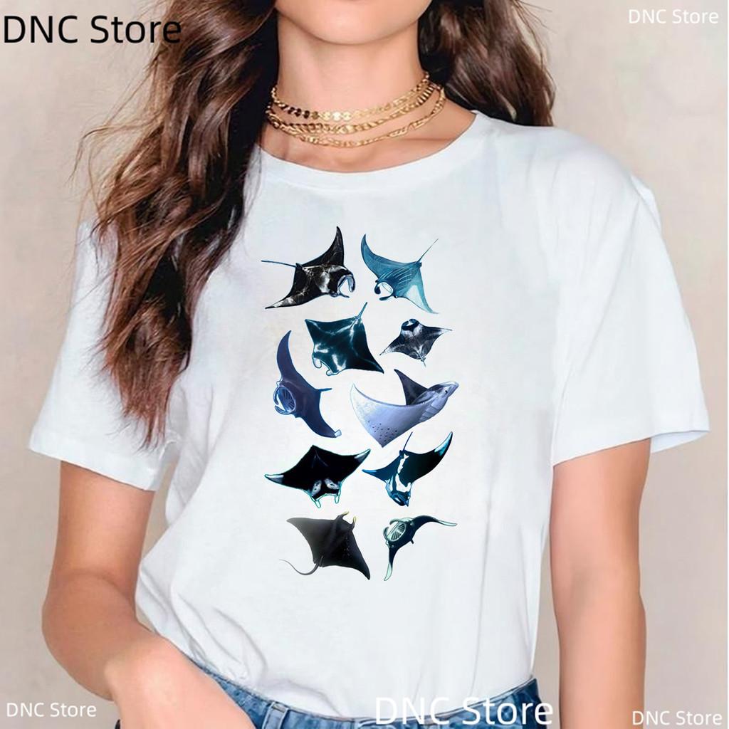 New Women Shark T Shirt Watercolor Shark Shirts,Manta Ray, Marine Creatures, Whale Print Tshirt,Summer Beach Vacation Tshirt Top