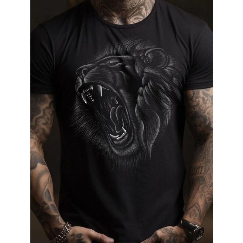 

European sizes Men T-Shirt - 3D Lion & Roar Print, Casual Round Neck Tee Suitable for Him - Meaningful Gift for Boyfriend, Husband, 4XL чорний