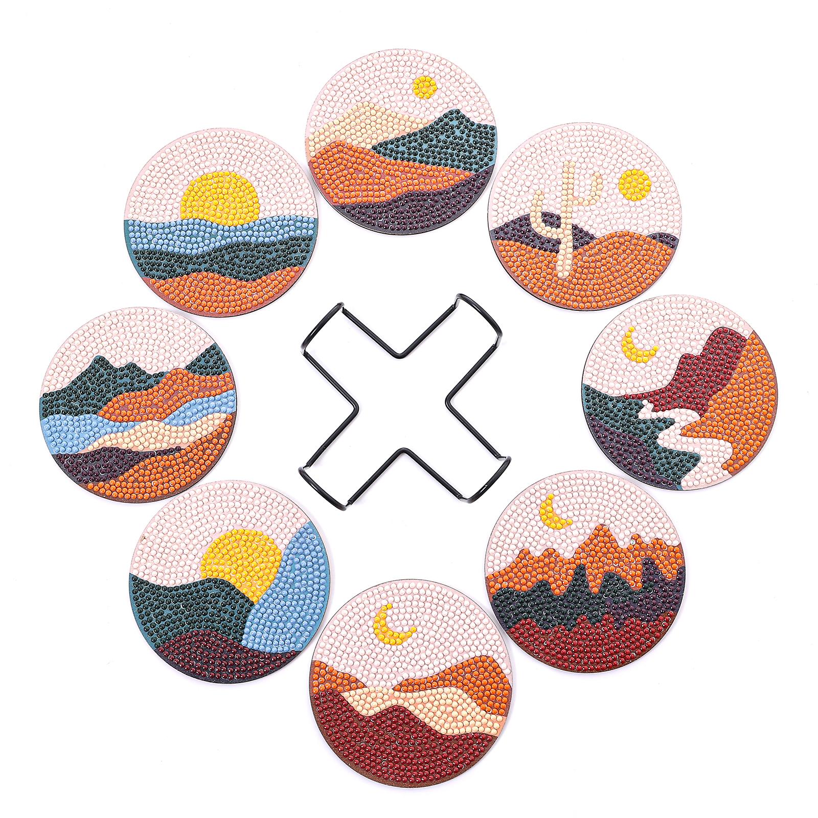 

8pcs/Set DIY Landscape Diamond Painting Coasters with Holder Anti Slip Wood Coasters Scenery Diamond Art Coasters for Adults