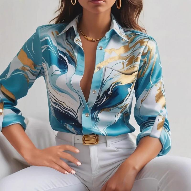 Spring Autumn Elegant Printed Office Women Shirts Loose Long Sleeve Lapel Office Blouse Fashion Simple Casual Tops Female Clothing