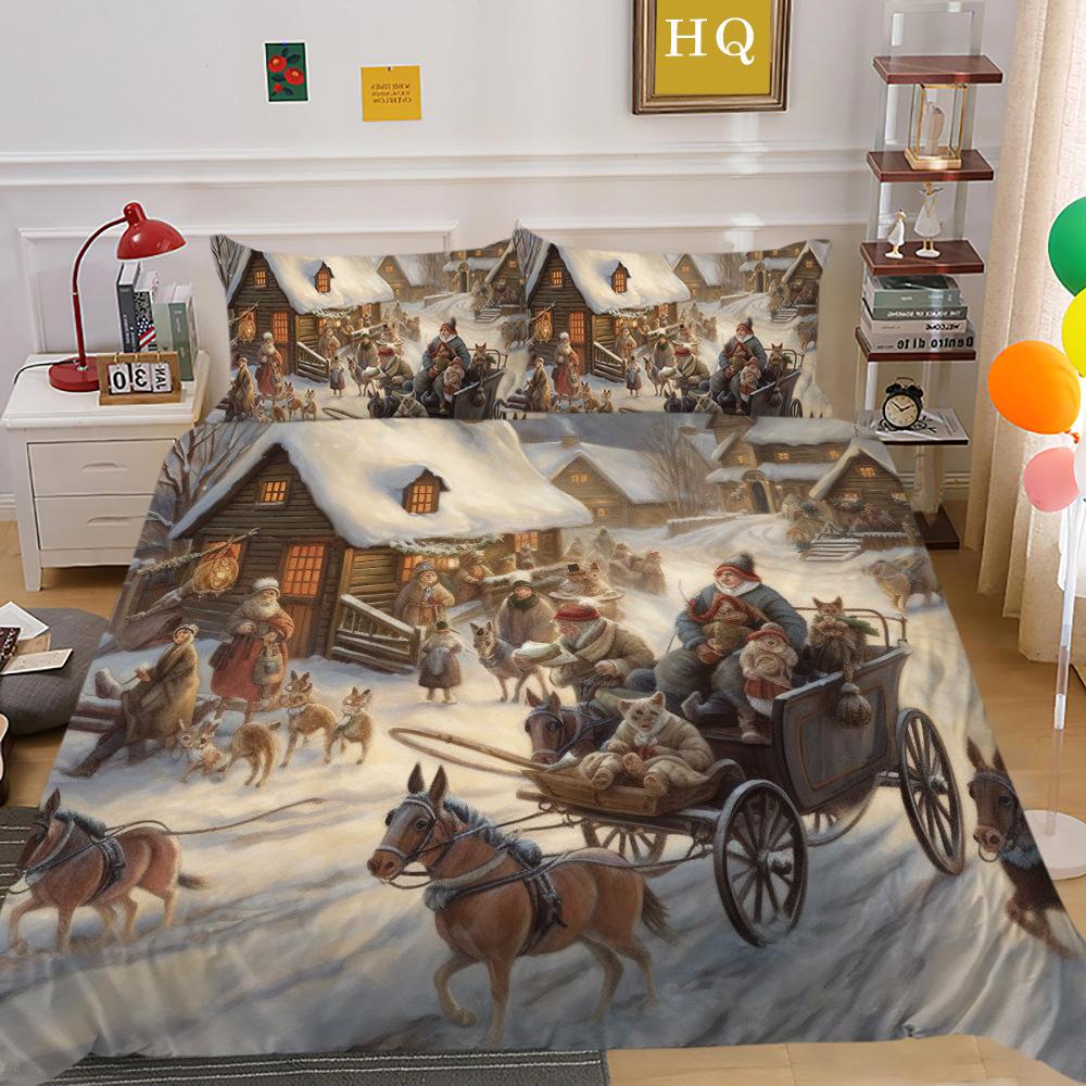 Christmas Carriage Snow Scene 3D Printed Polyester Pillowcase Quilt Cover Two Or Three-Piece Set Can Be
