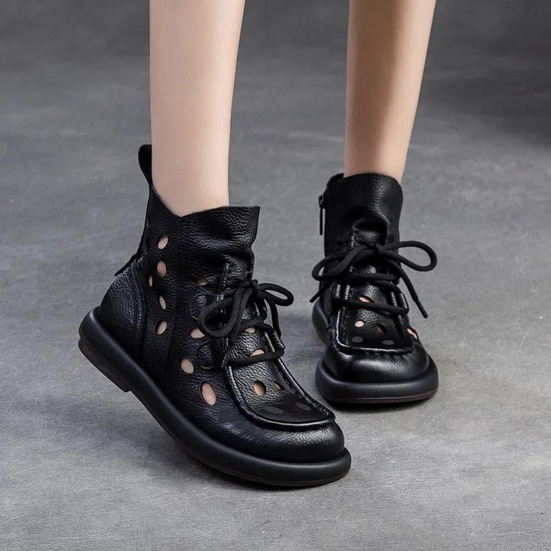 Fashion High Quality 3CM New Design Women Summer Breathable Shoes Hollow Out Cool Boots Literary Style Genuine Leather Flat Ankle Boots