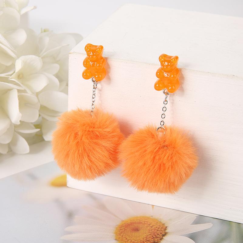 1Pair Cute Pompom Stud Earring Multicolours Resin Candy Bear Charms  With Puffer Ball Fashion Woman Jewelry Birthday Gift