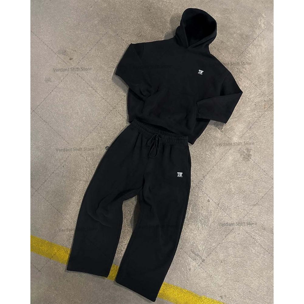 Černá Mikina a Široké Tepláky Set Street-style Minimalistický Módní Trend Sportovní Oblečení Set Neutrální Styl Streetwear Móda